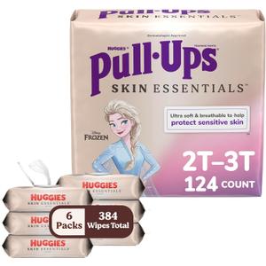 Bundle of Pull-Ups Girls' Skin Essentials Potty Training Pants, Training Underwear, 2T-3T (16-34 lbs), 124 Ct (4 Packs of 31) + Baby Wipes, 99% Water, 6 Flip Top Packs (336 Wipes Total)