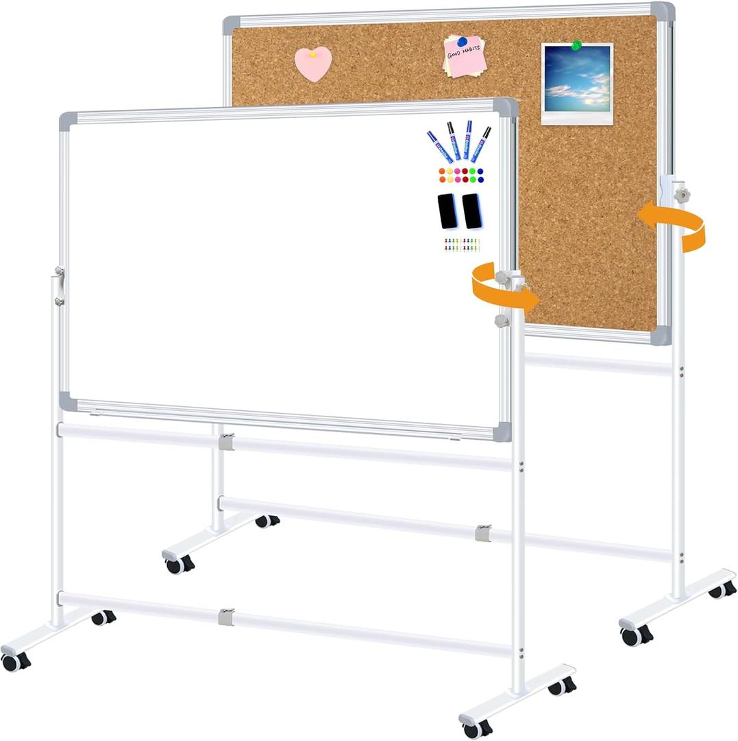 Max-officoo Double-Sided Whiteboard and Corkboard with Rolling Stand 36"x24" Mobile Magnetic Dry Erase Board on Wheels, Adjustable Height & Angle Standing Boards for Office, School, Home