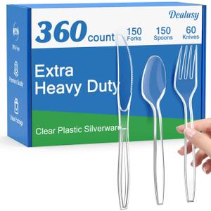 Dealusy 360 Count Extra Heavy Duty Clear Plastic Silverware, 150 Forks, 150 Spoons, 60 Knives, BPA-Free, Heat Resistant, Disposable Plastic Utensils Set, Plastic Cutlery Set, Plasticware Bulk