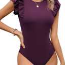 Missufe Women's Summer Ruffle Flutter Sleeve Ribbed Casual Bodysuit Tops (Dark Purple, Medium)