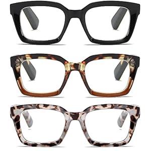 3 Pack Readers for Women Oprah Style Square Reading Glasses with Spring Hinge Blue Light Blocking for Men Ladies HCB +1.25