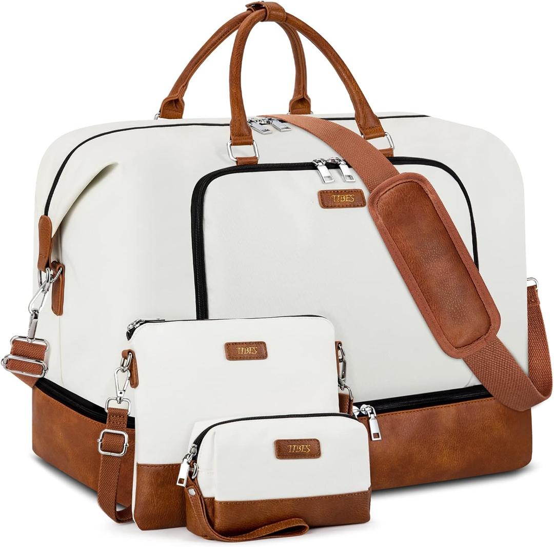 Travel Weekender Bag for Women, Overnight Bag with Shoe Compartment Oversized Travel Duffel Bag Carry On Tote 21" (H-White 3 Pcs)