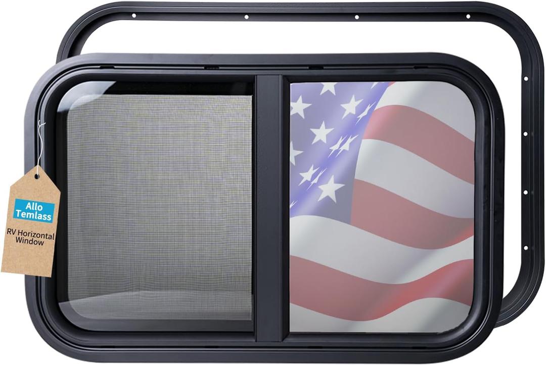 Horizontal RV Window 24" W x 15" H, Replacement Camper Window, Sliding Teardrop Window with Net Screen and Trim Rings, RV Windows for Cargo Trailer, DOT Certification Qualified