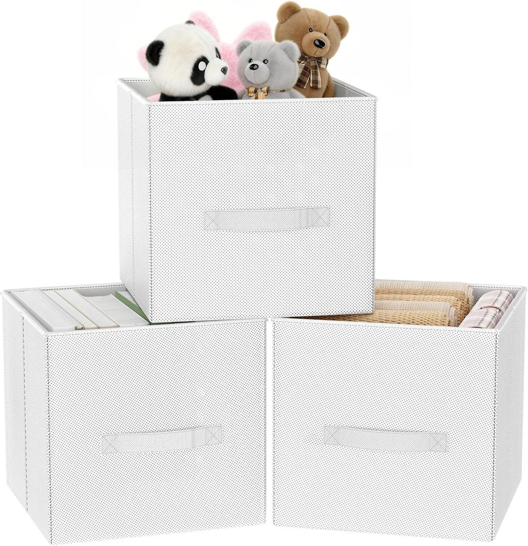 Fabric Storage Bins, Foldable Storage Cubes Baskets with Handle for Organizing, Collapsible Bins Cube Organizer Baskets for Closet, Shelves, Clothes, Towel (White, 3 Pack)
