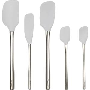 Tovolo Stainless Steel Handled Silicone Spatula Set of 5 Oyster Gray, Dishwasher Safe Kitchen Spatula Set for Cooking Baking, Non Toxic BPA Free Silicone Spatula set with Metal Steel Handle