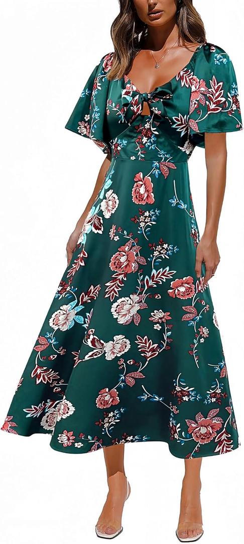 Fashionme Womens Dresses 2026 Maxi Dresses Deep V Neck Elegant Bow Tie Front Cap Sleeve Summer Floral Satin Smocked Dress, Size XL (Dark Green)