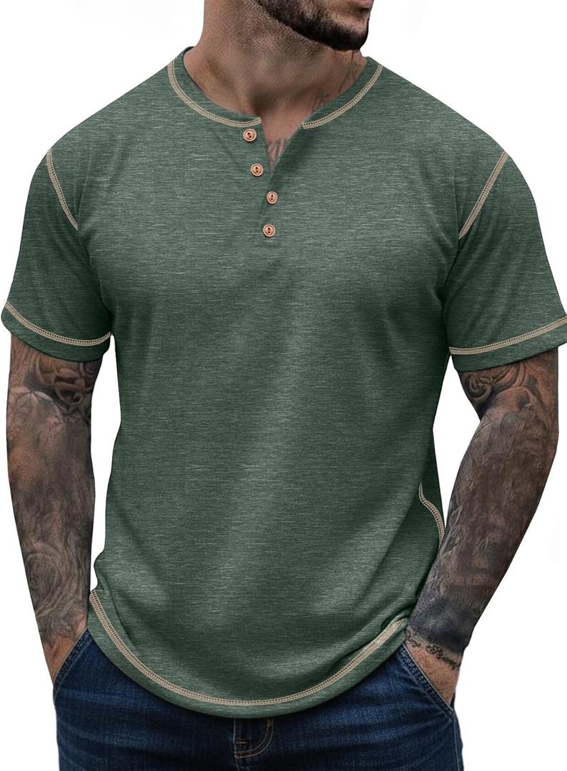 Sailwind Mens Henley Shirts Casual Lightweight Summer T-Shirt Cotton Maverick Short Sleeve (Large, Green)