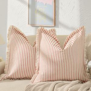 ZWJD Throw Pillow Covers 18x18 Set of 2 Striped Pillow Covers with Fringe Chic Cotton Decorative Pillows Square Cushion Covers for Sofa Couch Bed Living Room Farmhouse Decor (Pink)