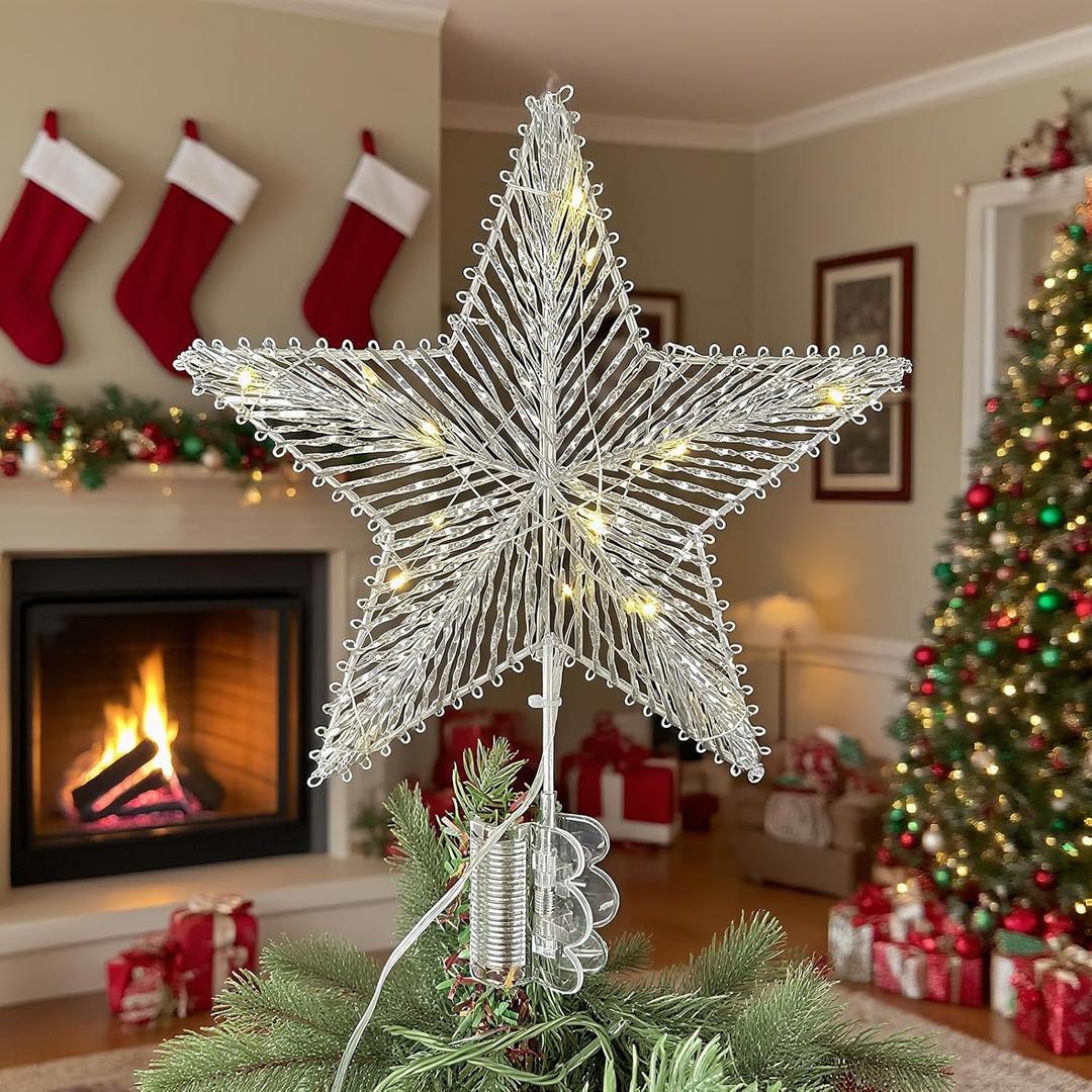 11 Inch Silver Star Christmas Tree Topper, 15 LED Lighted, Metal Frame with Hand-Woven Shiny Silver PVC, Clip-On Base, Xmas Star Tree Decoration for Home