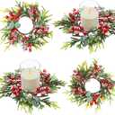 4 Pack Christmas Candle Rings Mini Wreath Artificial Candle Ring with Red Berry 2.76inch, Snowy Pine Garland Candle Ring Holder for Xmas Kitchen Cabinet Christmas Decorations Table Centerpiece