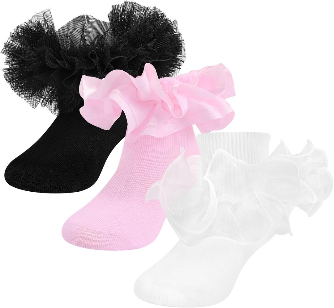 SAOROPEB Toddler Ruffle Socks, 3 Styles5 Size, Frilly Dress Socks for Girls Princess Lace Ruffles Socks Set (6-8 Years, White-pink-black)