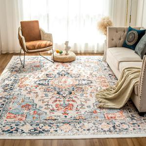 VK VKLIVING 6x9 Area Rug Washable Rugs for Living Room Rug Vintage Design Boho 6x9 Rug with Non Slip Living Room Rug Bedroom Carpet Stain Resistant, Home Decor, Blue&Orange (6' x 9', Blue)
