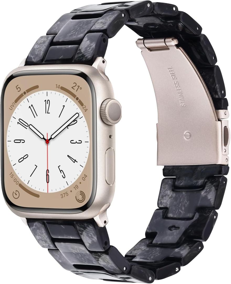 Resin Watch Band Compatible with Apple Watch Band for Women 42mm 44mm 45mm Tortoise Metal Buckle Wristband Bracelet Strap for iWatch Series 10 9 8 7 6 5 4 3 2 1 SE(Marble Black)