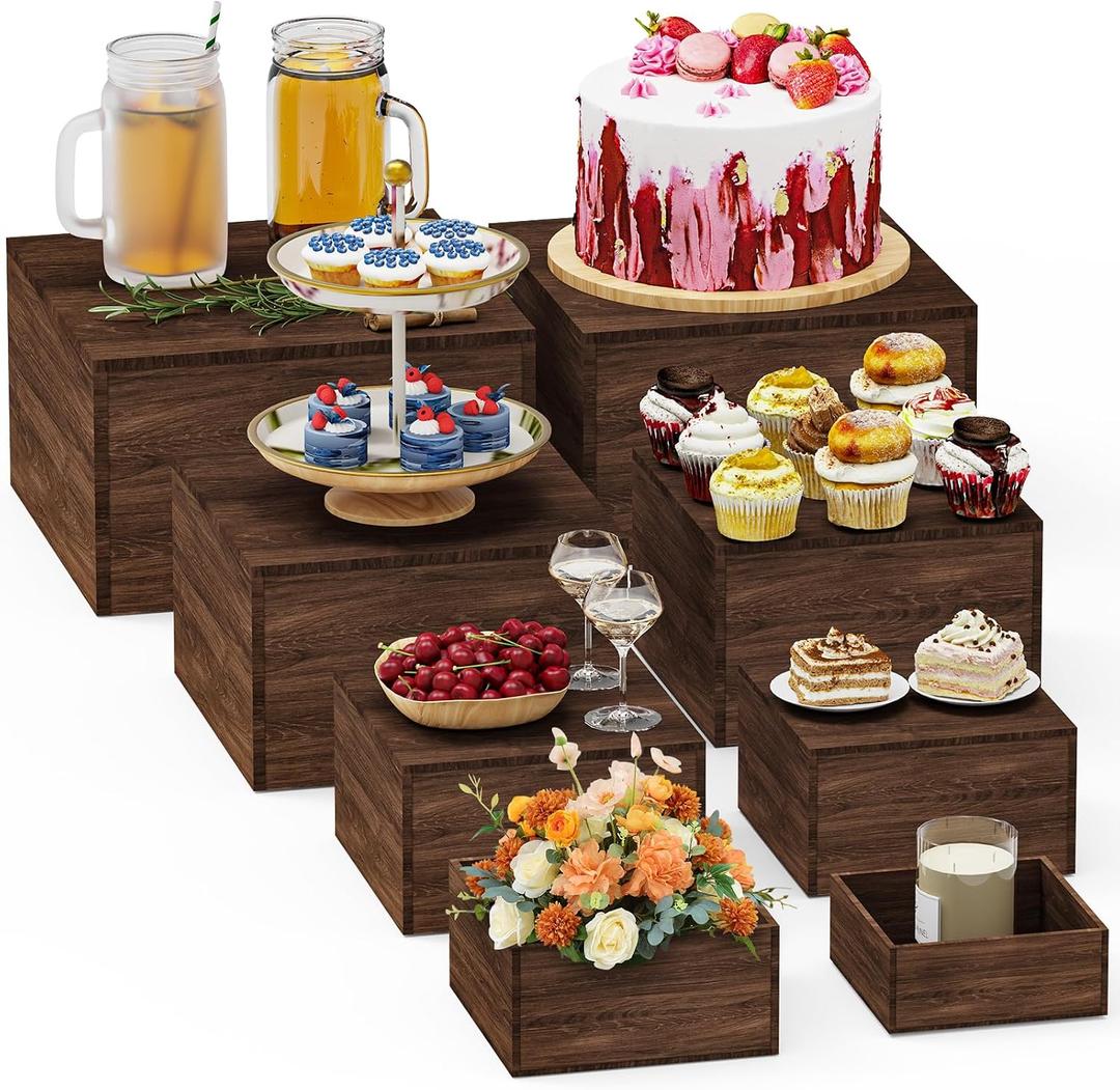 8 PCS Wooden Buffet Risers, Rustic Wood Cake Cupcake Stands, Square Food Risers for Buffet Table, Catering Dessert Table Display Set, Stackable Wooden Crates for Party, Decor, Wedding, Birthday