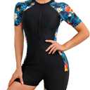 FYMNSI Women Zipper Rash Guard Sleeves Sun Protection Surf Rashguard Boyleg One Piece Sport Swimsuits Padded Bathing Suits (XX-Large, Black + Flowers)