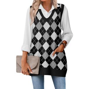 Zeagoo Women's Sweater Vest 2026 Oversized Sleeveless V Neck Pullovers with Pocket Knitted Fall Outfits (Black Argyle) Size S