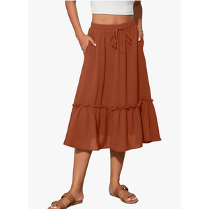 High Waist Tiered Skirts for Women Flowy Skirts for Women Below Knee with Pockets 2025 Fashion Trendy, XL Orange