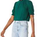 Amazon Essentials Women's Fluid Twill Short Puff Sleeve Ruffle Smocked Shirt, Dark Green, X-Large