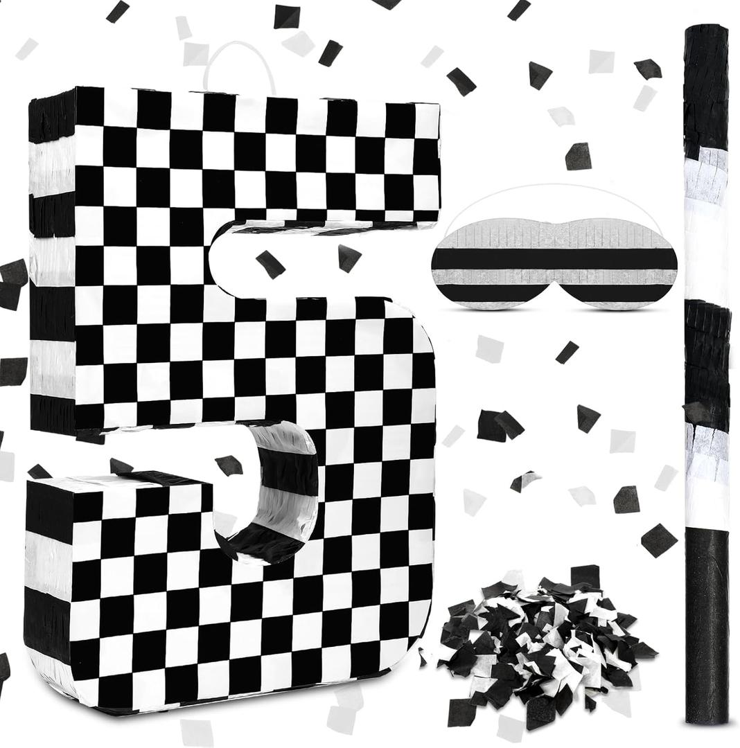 Lewtemi Race Car Number 5 Piata Small Checkered Race Car Birthday Party Decoration Black and White Racing Piata with Stick Confetti Eye Mask for Celebration 15.3 x 10.6 x 2.8 Inch