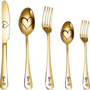 WORTHBUY Flatware Set Portable Dinner Knives Forks Spoon Silverware Set Stainless Steel Flatware 5 Pieces Untensils Tableware Dishwasher Safe (Heart Pattern, Gold)