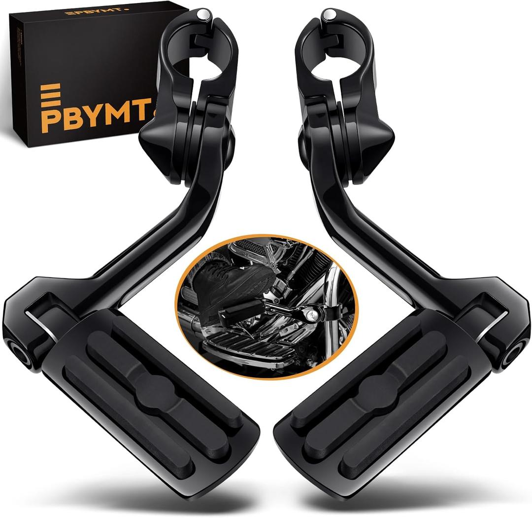 PBYMT Highway Pegs Long Angled 304 Stainless Steel, Highway Footpegs Footrest Fit For 1''&1.25''(25/32mm) Crash Bars Compatible with Harley Davidson Touring Road Glide Road King Street Glide, Black