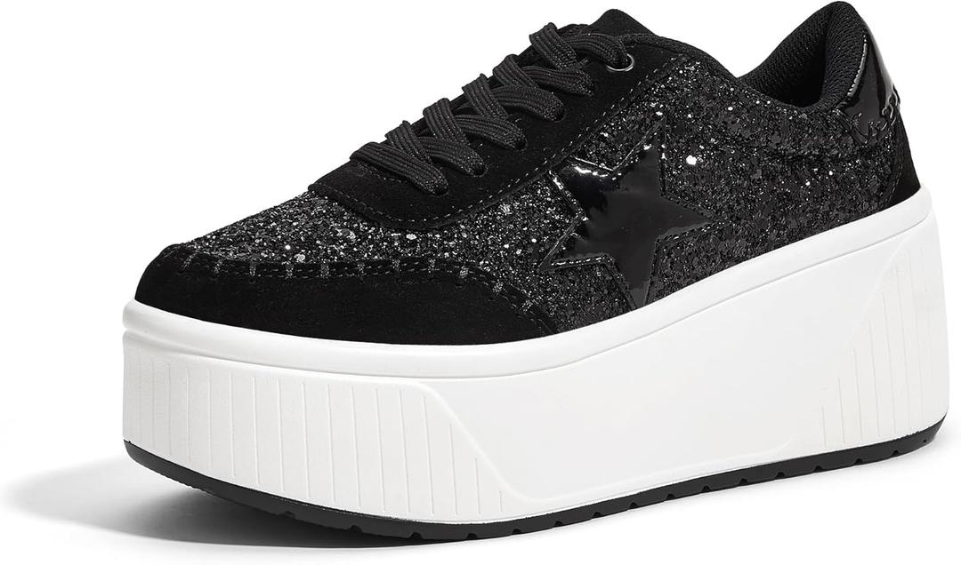 LUCKY STEP Women's Platform Chunky Sneakers Fashion Star Glitter Sparkly Wedge Walking Shoes High Heel Casual Shiny Thick Sole Footwear (8.5)