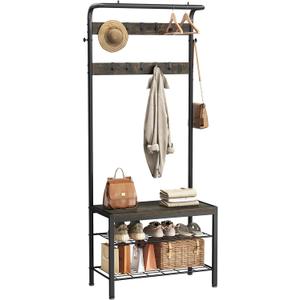 Hall Tree with Bench and Shoe Storage, 4-in-1 Entryway Organizer with 10 Hooks and Storage Shelf,Coat Rack Freestanding with 2-Tier Storage Shelf for Living Room, Bedroom Gray