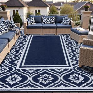 HUGEAR Outdoor Rug 8x10 Patio Camping Carpet Waterproof Mat Blue Outside Plastic Area Rug Reversible Rugs for RV Deck Entryance Porch Picnic Balcony Beach(8x10ft Navy Blue&White)
