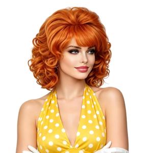 Rugelyss Vintage Short Beehive Orange Red Wig with Bangs Curly Wavy Heat Resistant Synthetic Hair Wigs for Women fits 70s 80s Costume or Halloween and Party