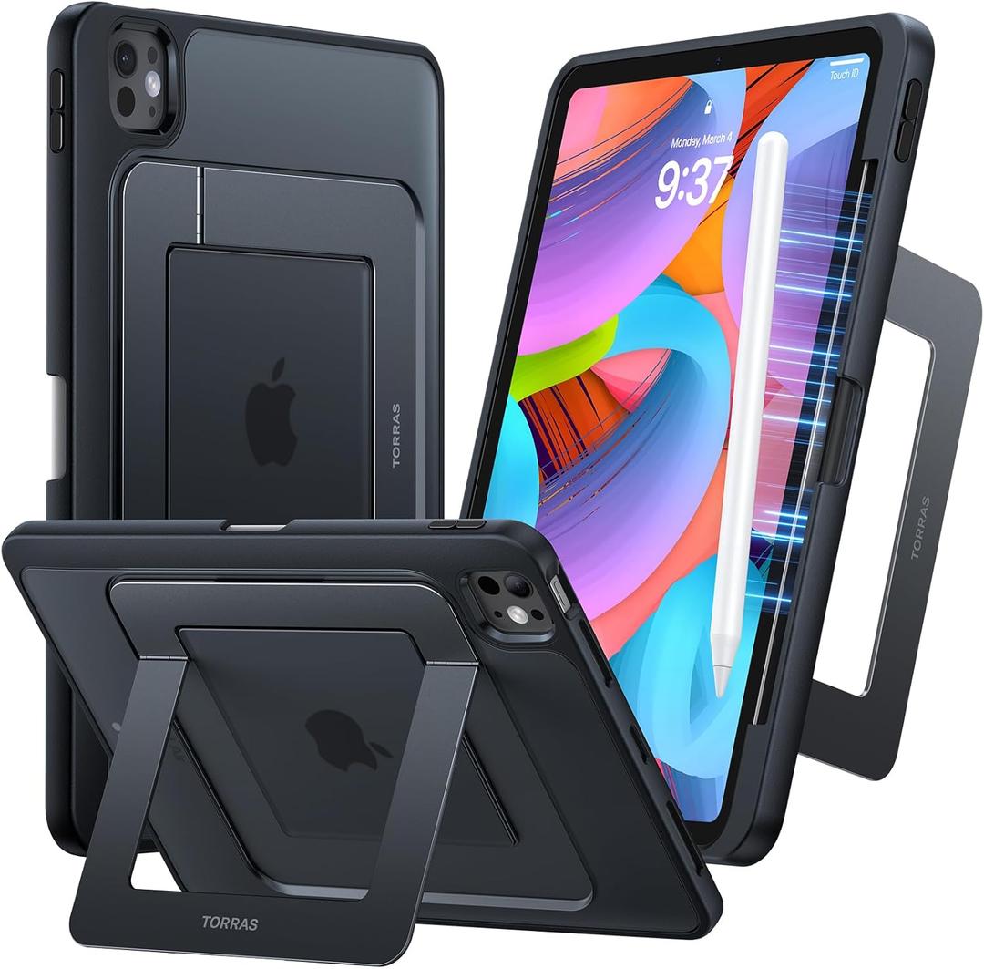 TORRAS Ostand K1 Guardian for iPad Pro 11 inch 4th/3rd/2nd/1st Generation 2022 2021 2020 2018 with Pencil Holder, Ultra Stable Stand, Multiple Adjustable Viewing Angles, Slim Protection, Black