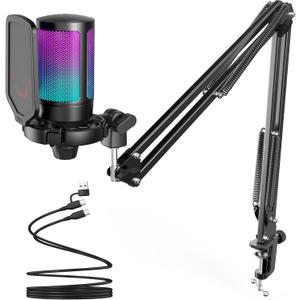 FIFINE Gaming PC USB Microphone, Podcast Condenser Mic with Boom Arm, Pop Filter, Mute Button for Streaming, Twitch, Online Chat, RGB Computer Mic for PS4/5 PC Gamer Youtuber-AmpliGame A6T (Black)