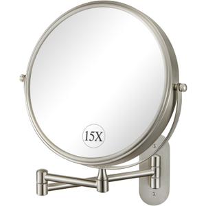 DECLUTTR 9 Inch Wall Mounted Makeup Mirror, 15X Magnification Double Sided Swivel Extendable Bathroom Mirror (Nickel)