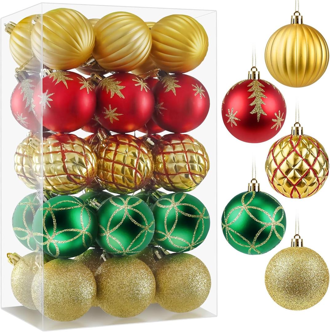 30Pcs Christmas Ornaments Balls, 2.36 Inch Red and Gold Shatterproof Tree Decorations Balls Ornaments with Glitter, Classic Holiday Baubles for Xmas Tree, Wreath, Party & Home Dcor (#19)