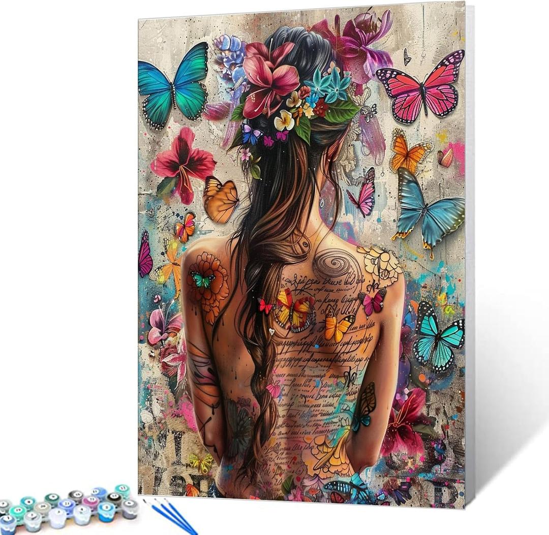 Sexy Girl Back with Tattoo Painting Fashion Woman Paint by Number Kits Flowers,Butterfly 16 x 20 inch Canvas DIY Oil Acrylic Painting for Kids Adults Beginner with Brushes Office Decor(DIY Frame) (Artwork-10)