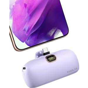 Kuulaa Portable Charger USB C with Built-in USB-C Plug, 5000mAh PD20W Fast Charging Power Bank, LCD Digital Display Battery Pack for iPhone 15/16,Samsung S22/S23 & Android (Purple)