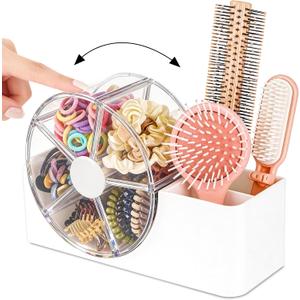 Hair Accessories Organizer with 5-Section Rotating Case, 2-Slot Comb & Hair Brush Holder, Cute Bathroom Vanity Caddy for Hair Tiles, Clips, Scrunchies, Other Accessories, Girls Vanity Dcor (White)