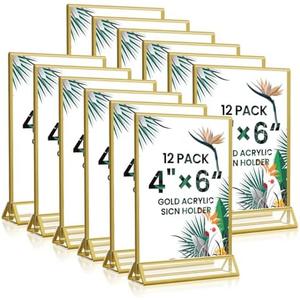 4x6 Gold Acrylic Sign Holder, 12 Pack Wedding Table Number Holder Stands with Vertical Gold Borders, Double Sided Picture Frame Paper Stand, Clear Photo Display Menu Holder for Party, Home, Restaurant. Missing Two(2) Sign Holders