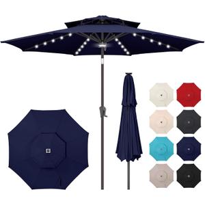 9ft Solar Umbrella Outdoor - 2 Tiers Lighted Solar Patio Umbrella with 40 LED Lights Waterprool UV Protection, Table Umbrella with Tilt for Pool, Porch, Garden, Backyard (Navy Blue), 9ft double-top