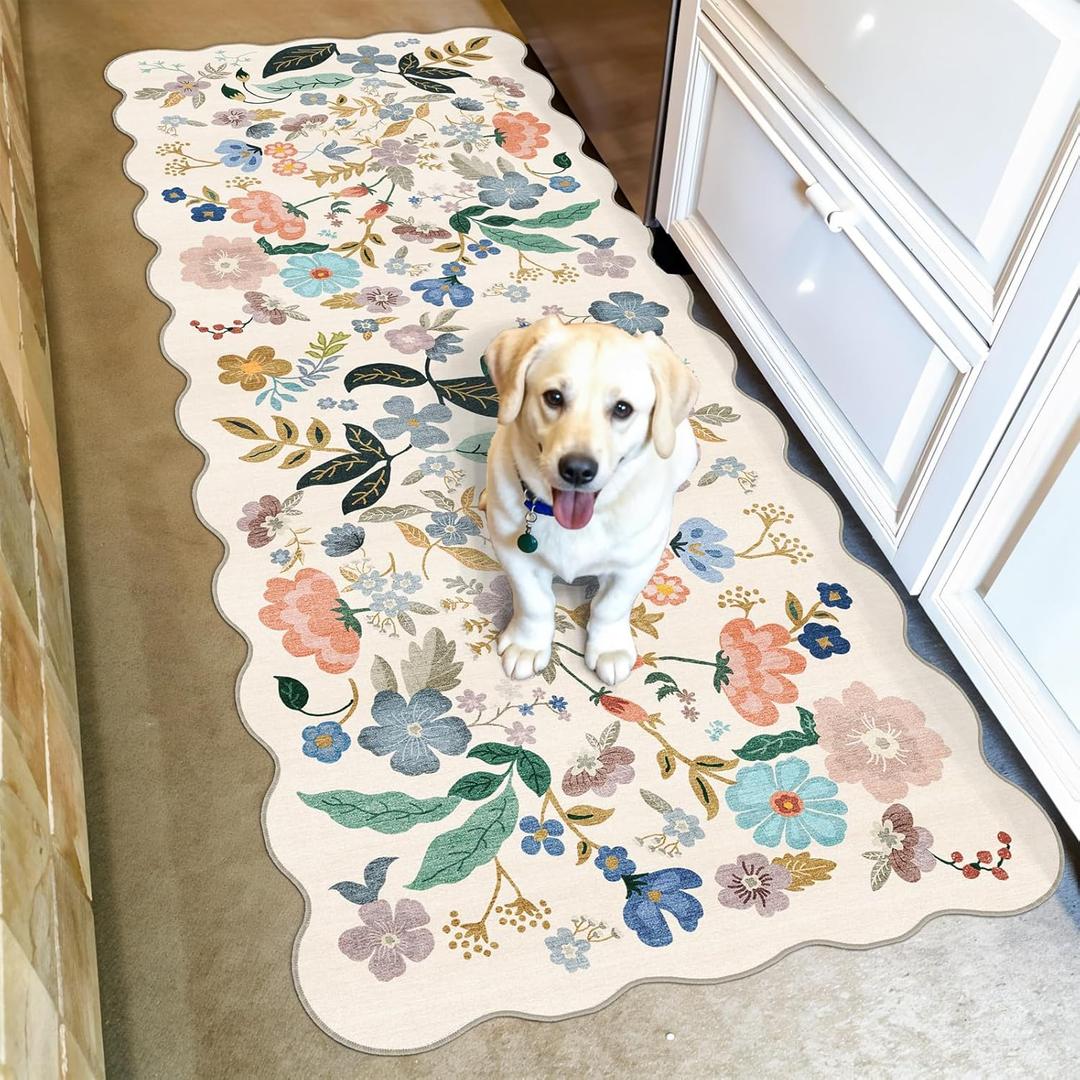 Hallway 2x5 Washable Runner Rug: Stain Resistant Floral Scalloped Rug for Kitchen Entryway Farmhouse Soft Carpet for Bathroom Bedroom Thin Laundry Living Room Floor Mat with Non Slip Backing(2x5,Cream)