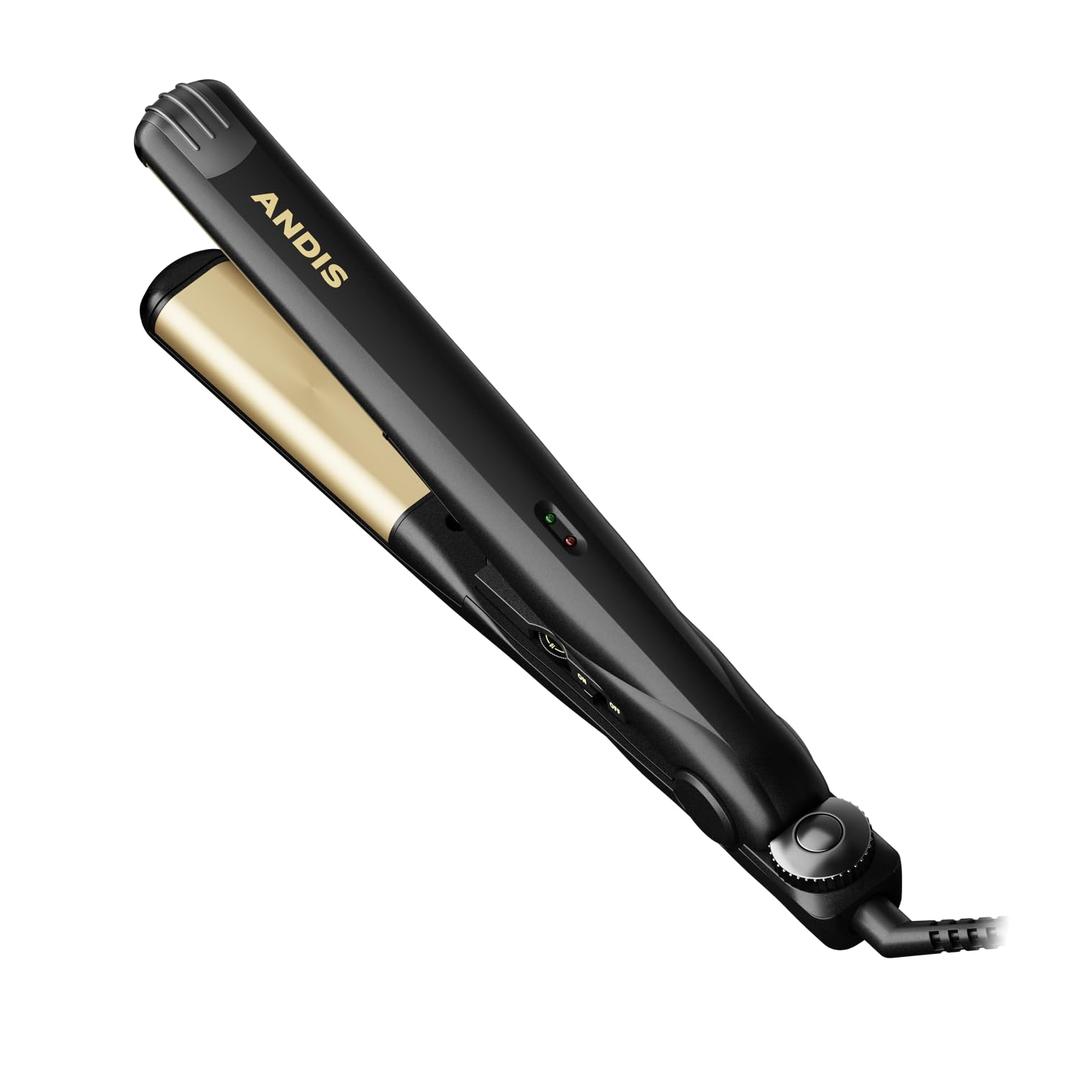 Andis 67695 Professional Curved Edge, 1-inch 450F High Heat Tourmaline Nano-Ceramic Hair Flat Iron with Dual Voltage and Auto Shut-Off - Frizz-Free Ceramic Hair Straightener - Black/Gold