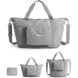 BAGSMART Foldable Travel Bag, 37L Expendable Personal Item Bag, Lightweight Weekender Bags for Women, Water Resistant Extra Carry on for Travel, Gray (Grey)