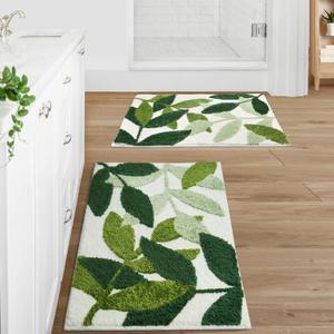 Gibelle Green Bathroom Rug Set 2 Piece, Non-Slip Strong Water Absorbent Plush Microfiber Bath Mat Rug Set, Machine Washable Bathroom Floor Mat Cute Shower Bathmat Indoor Doormat (18"x26"+20"x32")
