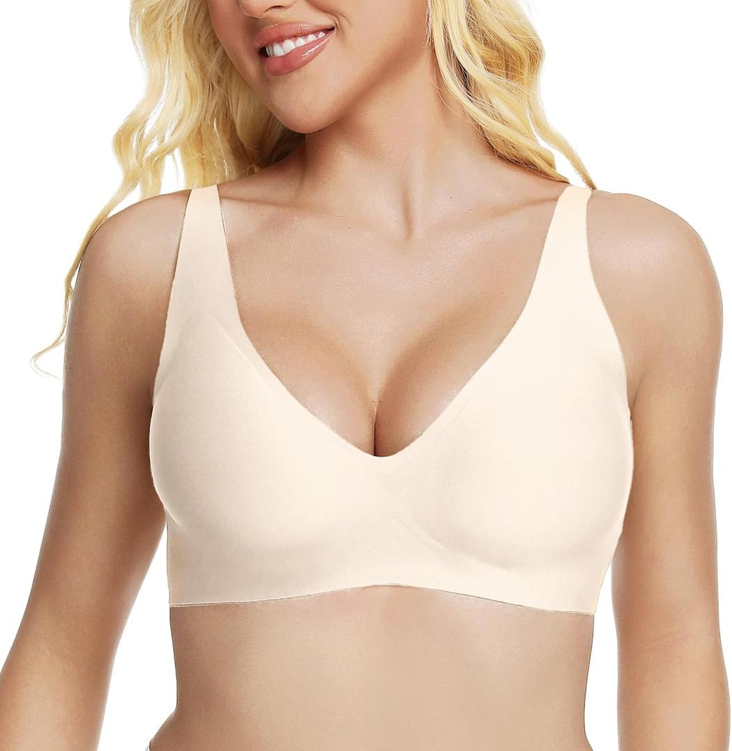 Jelly Wireless Bra Deep V Push Up Seamless T-Shirt Comfortable Plunge No Underwire Bras with Adjustable Straps Everyday Bras (L)