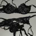 Lilosy Sexy Choker Floral Lace Scallop Sheer Underwire Push Up Garter Belt Lingerie Set 3 Piece (Medium, Black)