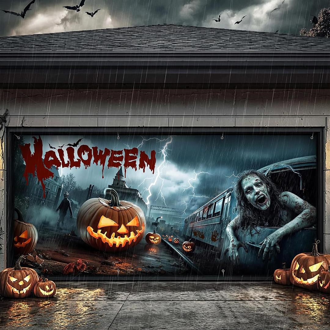 Halloween Garage Door Cover 6 x 13 Ft Decoration with Elastic Bands, Easy to Install, Large Halloween Banner Background for Outdoor Home Garage Door Party Decor - Zombies