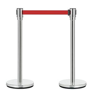 DuraSteel Crowd Control Barriers Stanchions with Retractable Belts & Sign Holder - Metal Stanchion Posts w/ 6.5ft Black Retractable Barrier Belt Ropes - Queue VIP Safety Line Dividers - Set of 6 Poles
