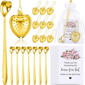 Qinyoung 50 Sets Bridal Shower Tea Party Favors for Guests Party Heart Infuser Spoon Steeper for Loose Tea with Thank You Cards Organza Bags Wedding Souvenir (Gold)
