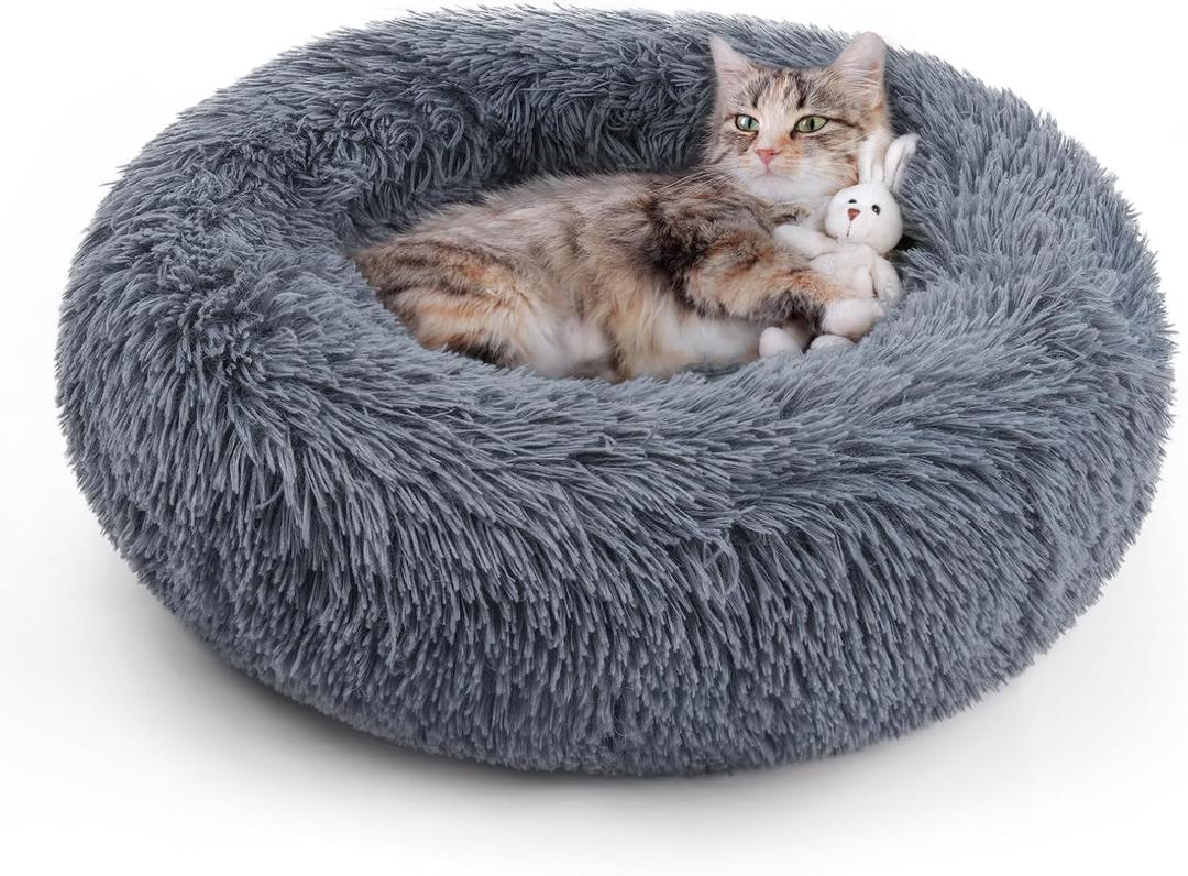 rabbitgoo Cat Beds for Indoor Cats, 20 inches Cat Bed Machine Washable, Fluffy Round Pet Bed Non-Slip, Calming Soft Plush Donut Cuddler Cushion Self Warming for Small Dogs Kittens, Dark Grey, Medium (20"L x 20"W x 4.7"Th)