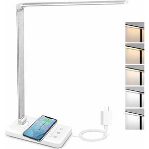 LED Desk Lamp with Wireless Charger, USB Charging Port, Dimmable Eye-Caring Desk Light with 5 Brightness Levels & 5 Lighting Modes, Touch Control, Auto Timer (White)