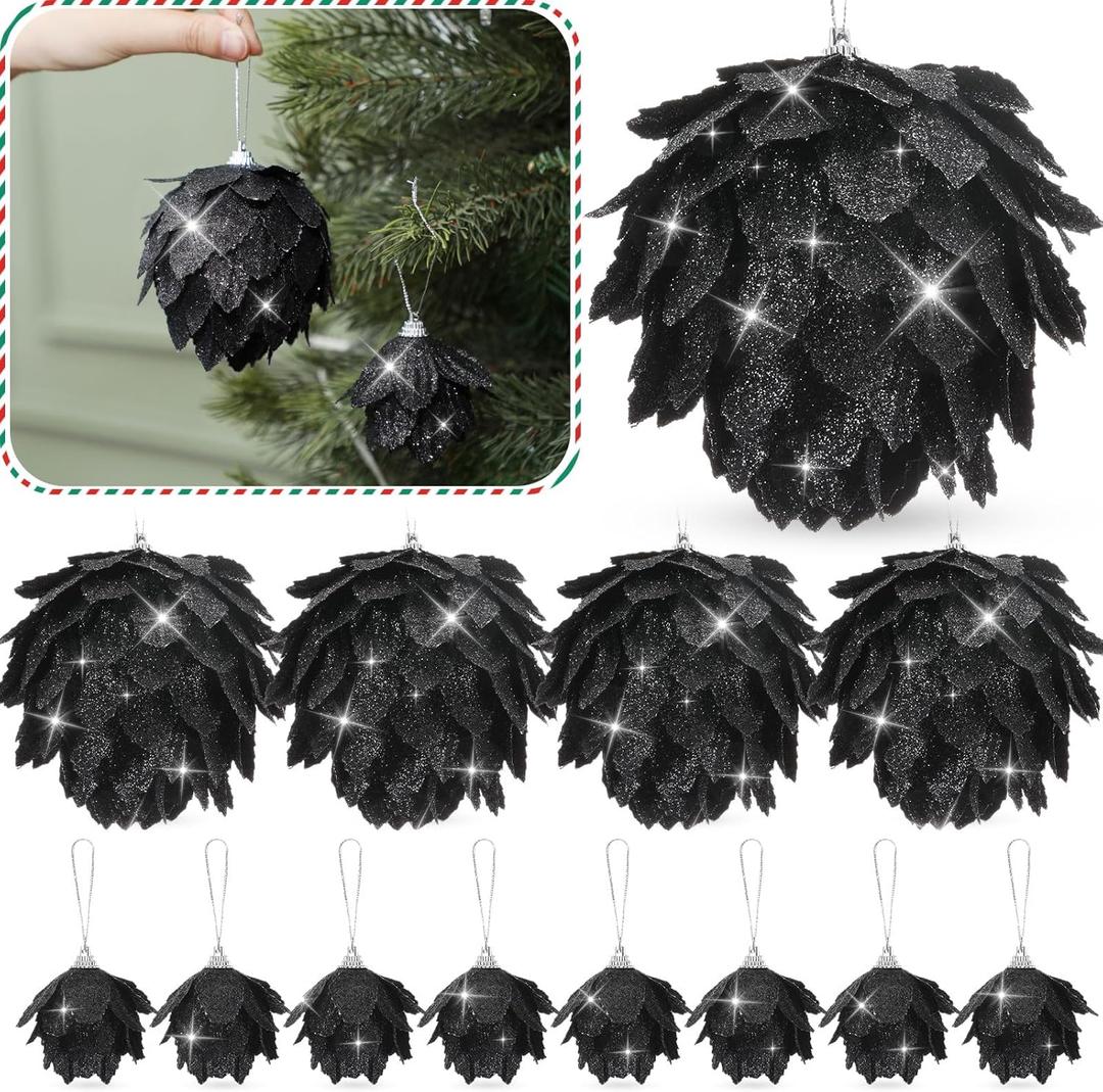 Syhood 12 Pcs Christmas Ball Ornaments Glitter Pinecone Balls Xmas Tree Decoration Hanging Pinecone Ornaments Rustic Pine Cones for Xmas Winter Party Holiday Wedding Home Decorations(Black)